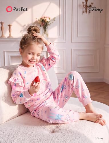 Image of Disney Outfits for Girls Long Sleeve Shirt Pocket Pant Toddler Sweatsuit | Officially Licensed丨Girls Clothes丨2-Piece Outfit丨Allover Print丨Ruffle Shoulder丨Jogger Pants丨Soft Feel丨Easy Care丨Mix & Match