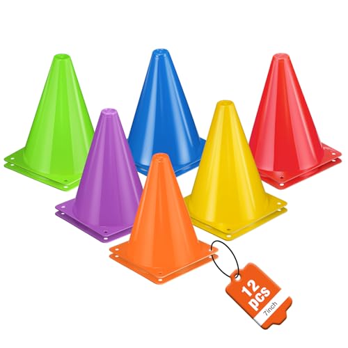 ZKNDRHJO 12pcs Cones 7 Inch Soccer Cones and Plastic Traffic Cones Durable Cones for Sports Training Ideal for Soccer Basketball Football Skating and Agility Drills Practice (12 Colors)