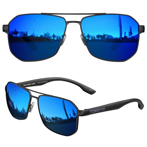 LUENX Aviator Sunglasses for Men Square Polarized Polygon Lens - UV 400 Protection with Accessories(Mirror Dark Blue Lens)