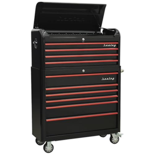 Sealey Retro/Vintage Style Wide Topchest & Rollcab Combination 10 Drawer-Black with Red Anodised Drawer Pull AP41COMBOBR