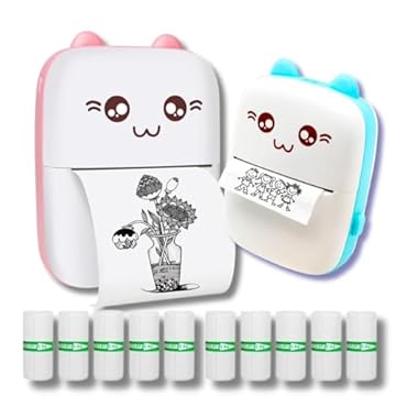 Mini impressora térmica portátil sem fio 200dpi (Azul) + 10 rolos papel adesivo térmico e 1 rolo comum 57 * 30mm impressão bluetooth para fotos scanners, etiquetas (azul)