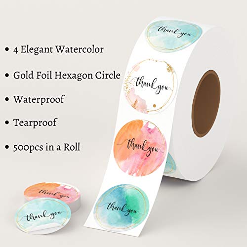 Mobiusea Party Thank You Stickers Roll | Elegant Water Color With Gold Foil |1.5 Inch | Waterproof | 500 Labels For Small Business, Floral Designer, Artist | 4 Watercolor Designs #TOP1