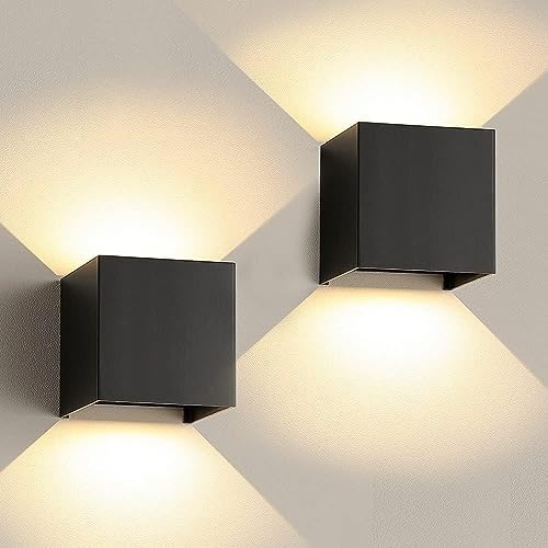 Wall Lights 3000K Warm White Light Modern LED Outside Lights 2pack,12W Metal Cover IP65 Waterproof Adjustable Beam Aluminum Black Outdoor Lights for Side Door,Living Room,Bedroom,Garage