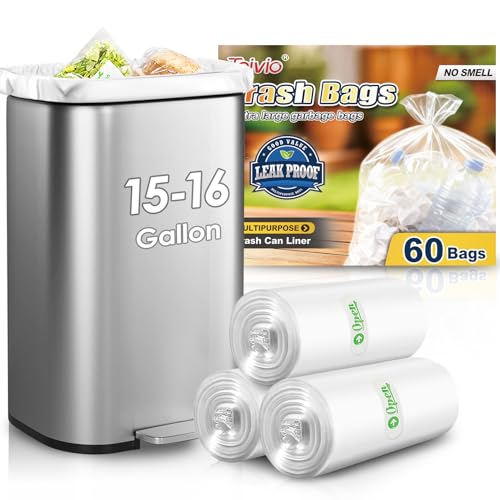 Image of 15-16 Gallon 60 Counts Large Tall Kitchen Trash Bags,Fit 13,15,16,18 Gal,Garbage Bags by Teivio, Bin Liners, Plastic Bags for home Office,Clear for Bathroom, Clear