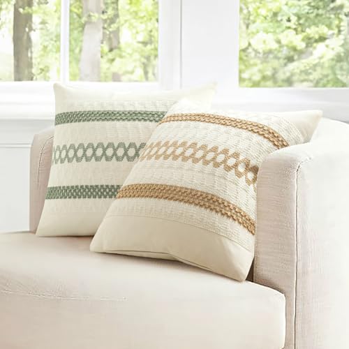 Image of MIULEE Set of 2 Sage Green Boho Decorative Pillow Covers 16x16 Inch | Farmhouse Couch Throw Pillows Modern Cotton Cushion Covers Macrame Woven Spring Home Decor for Bed Sofa Chair