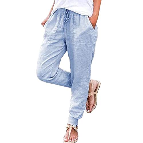 Puimentiua Womens Tapered Pants Cotton Linen Drawstring Back Elastic Waist Pants Casual Trousers with Pockets Light Blue