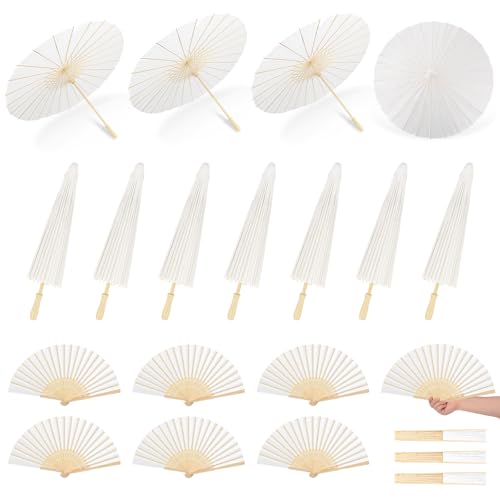 PLUVAVA 20 PCS 33 Inch White Paper Umbrella and 20 PCS Folding Handheld Fans Paper Parasols Large Chinese Japanese Oiled Umbrella DIY Painting Carfts for Wedding Props Bridal Party Décor (20 PCS)