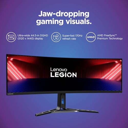 Image of Lenovo Legion R45w-30 Gaming Monitor, 44.5 inch 32:9 Curved, DualQHD Resolution, 170Hz Refresh, 1ms MPRT, AMD FreeSync Premium Pro, HDR400, KVM, USB-C, RJ45, Lift /Tilt /Swivel Stand, 450 nits, Black