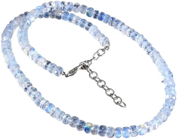 Hand Crafted AAA++ Natural Rainbow Moonstone Gemstone Rondelle Faceted Beaded Necklace 15 Inch 5.5 MM, 1 Strand Genuine Blue Fires Gemstone YO-NECK-2048