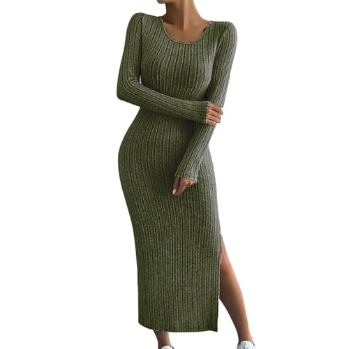 Generisch Strickkleid Damen-Strickkleid mit langem Schlitz, figurbetontes langes Kleid mit U-Ausschnitt tiefem Ausschnitt (Green, M)