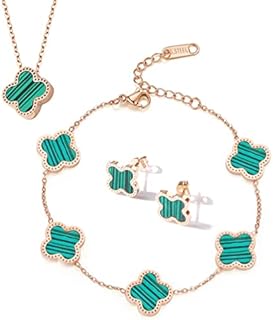 FARONG Fashionable Four-Leaf Clover Jewelry Set,Women Titanium Steel Necklace Stud Earrings Bracelet Set Dainty Enamel Jewelry Set for Teen Girls Women (Green)
