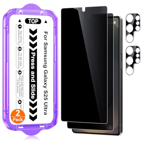 Ksleri 2 Pack for Samsung Galaxy S25 Ultra [6.9 Inch] Privacy Screen Protector + 2 Pack Camera Lens Protector with Easy Installation Kit, Anti-Spy Tempered Glass, Fingerprint Unlock, 9H Hardness