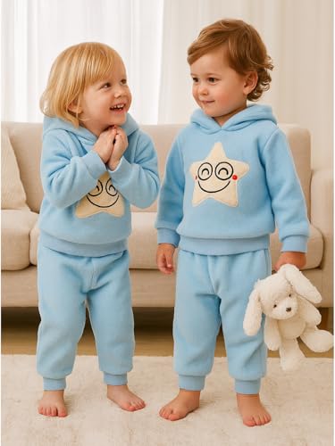 Image of Bold N Elegant Unisex Kids Fleece Printed Smiling Star Warm Fur Pullover Sweatshirt Hoodie Tshirt and Jogger Pant Winter Clothing Set Dress