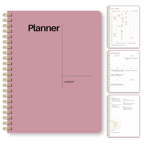 Undated Weekly Planner, 8.5x11” – Dashboard Layout with Yearly Review, Monthly Calendars, & Weekly To Do List, Spiral Bound Organizer for Work, Study & Life (Pink)