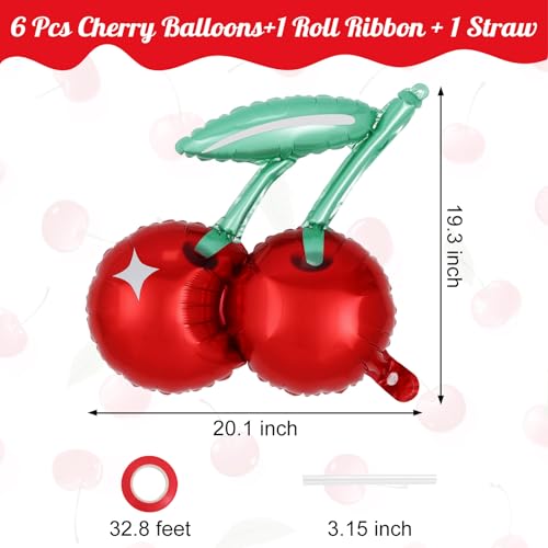 Image of 6 Pcs Cherry Balloons, 20 Inch Cute Cherry Foil Balloon, Red Fruit Mylar Balloons for Cherry Summer Themed Birthday Party Decoration Baby Shower (Pack of 2)