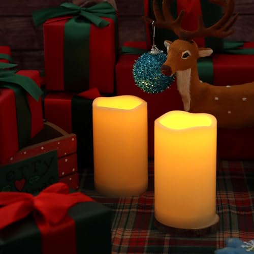 Image of CANDLE CHOICE Waterproof Outdoor Battery Operated Flameless Candles with Remote Timer Plastic Realistic Flickering Fake Electric LED Pillars Lantern Garden Wedding Christmas Decorations 3 inchx5 inch 6 Pack