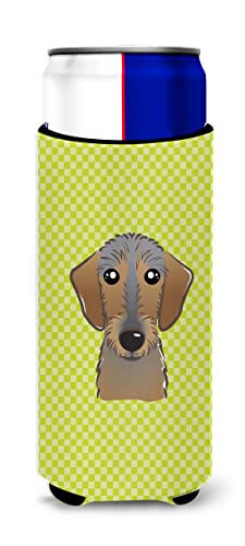 Checkerboard Lime Wirehaired Dachshund Ultra Beverage Insulators for slim cans