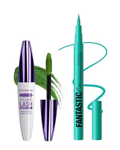Juego de rímel verde y delineador de ojos, 5D, fibra de seda, volumen y longitud, de secado rápido, delineador líquido, duradero, resistente al agua, resistente a las manchas, maquillaje de ojos