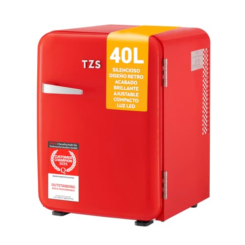 TZS First Austria - Mini Frigorífico Retro 40L silencioso - Pequeño Minifrigo diseño vintage con luz interior y 2 compartimentos de puerta - Minibar para camping, oficina, dormitorio y hotel - rojo