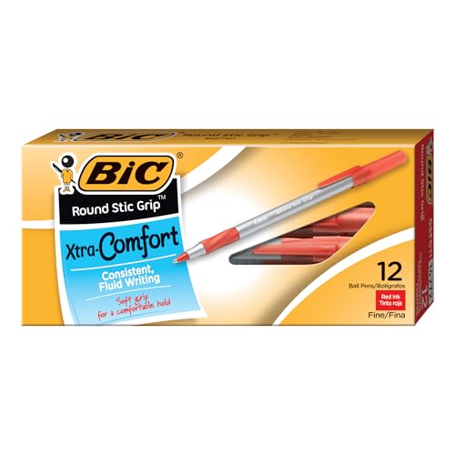BIC Round Stic Grip Xtra Comfort Ballpoint Pen, Fine Point (0.8mm), Red, 12-Count