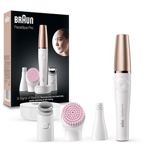 Braun FaceSpa Facial Epilator for Women SE912 White/Bronze - Facial Hair Removal Cleansing Brush Head Toning Head Charger Stand Wet & Dry Use