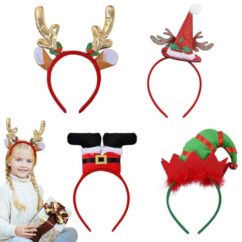 4 Stück Weihnachten Haarreif Weihnachtsmütze Weihnachts Haarbänder Stirnbänder Weihnachtsbaum Rentier mit Schöne Ohren Kopfschmuck Damen Kinder Weihnachtsfeier Weihnachtsbaum Rentier Schneemann