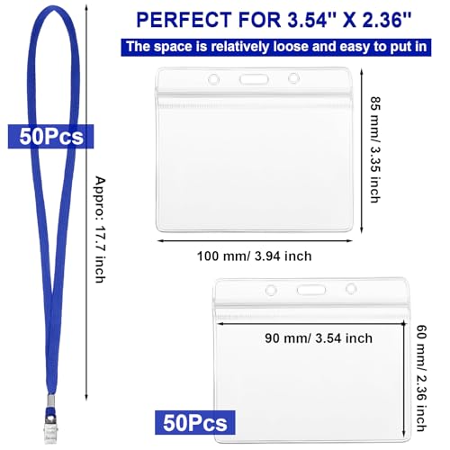 Image of Marspark 50 Sets 4 inchx3 inch Name Badge Holder with Lanyard Bulk, Blue | Waterproof Reusable Plastic with Clip, ID Badges Business School Conference Use, Lanyard Strap for Employees Students Events