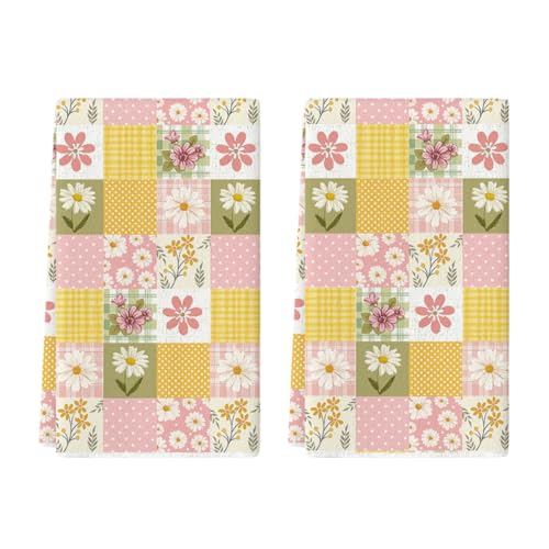 Artoid Mode Checkered Design Daisy Floral Spring Kitchen Towels Dish Towels, 18x26 Inch Farmhouse Summer Decoration Cleaning Set of 2