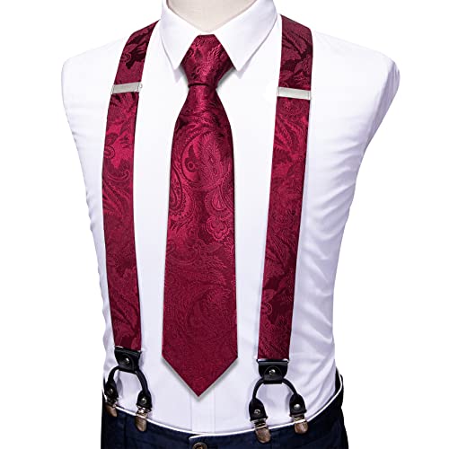 Image of Barry.Wang Men Suspender Set with Necktie Elastic Y Type Heavy Duty 6 Clips Braces Tie Handkerchief Cufflink Pin 6PCS