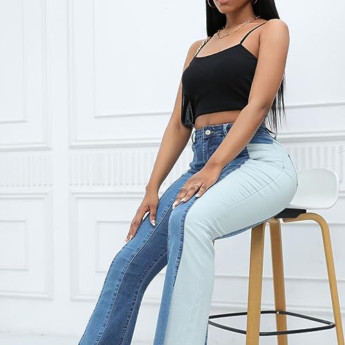 HGps8w Women's Chic Color Block Jeans, Casual High Waisted Straight Leg Stretchy Denim Pants with Pockets3