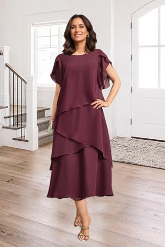 Tea Length Mother of The Bride Dresses for Women Flowy Chiffon Formal Dress for Wedding Guest2