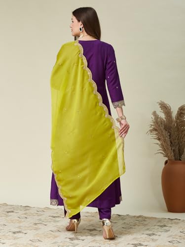 Image of MOKOSH Women's Silk Anarkali Kurta Pant with Dupatta | Anarkali Kurta Set | Round Neck 3 /4 Sleeve | 3 Piece Outfit | Indian Kurta Outfit With Palazzo Pant | Embroidered