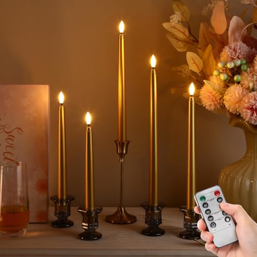 Image of Rossesay 16 Pcs Gold Flameless Taper Candles Battery Operated Candles with Remote Timer 8.5 inch 9.6 inch 10.8 inch 12.8 inch LED Flameless Flickering Candlestick for Halloween Christmas Wedding Party Decor