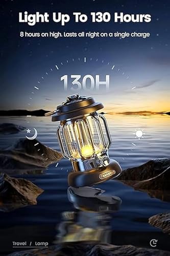 Image of JB'S LAND New Retro Camping Lantern, Rechargeable LED Vintage Camping Lamp, Waterproof Battery Powered Camping Lighting, Portable Dimmable Outdoor Hanging Tent Lamp Brand (Black)