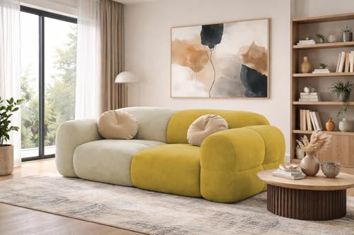 Image of Casaliving Vetras Modern Velvet Bubble Cloud Sofa, Tufted Design Upholstered 2 Seater Sofa Set for Living Room, (Cream Yellow Colour) Premium Velvet Fabric Sofa
