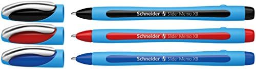 Schneider Slider Memo XB (Extra Broad) Ballpoint Pen, 1.4 mm, Light Blue Barrel, Assorted Ink Colors, Pack of 3 Pens: Black, Red, Blue (150293)