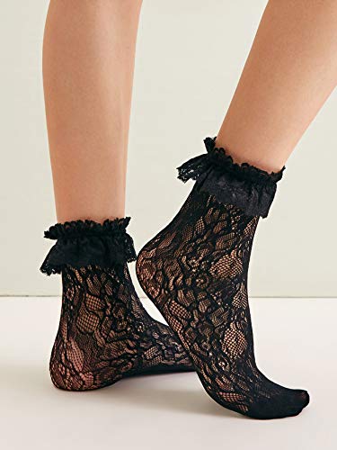 Image of SHENHE Women's 2 Pairs Lace Glitter See Through Mesh Cute Ankle Socks Multicolour Lace Trim one-size