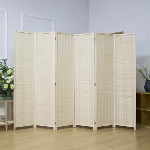 6 Panel Bamboo Room Divider, 5.6 FT Tall Folding Privacy Screen, Freestanding for Room Separation, Beige