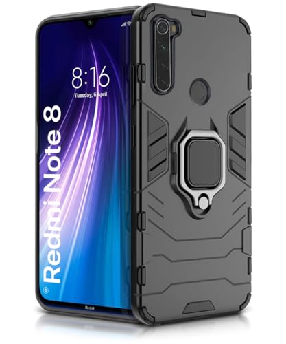 Image of WOW IMAGINE Shock Proof Back Case Mobile Cover for Xiaomi Redmi Note 8 (Armor | Hybrid PC + TPU | Full Protection with Ring Holder Kickstand | Carbon Black)
