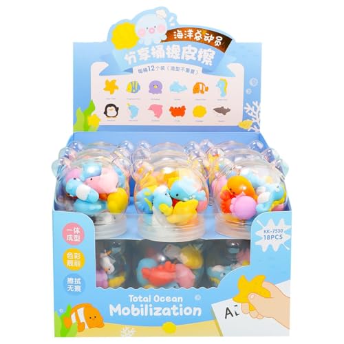 1 Bucket of 12- Ocean Animal Shaped Bucket Erasers 3D Cute Mini Erasers-3D Ocean Rubber (Pack of 12 in 1 Bucket)