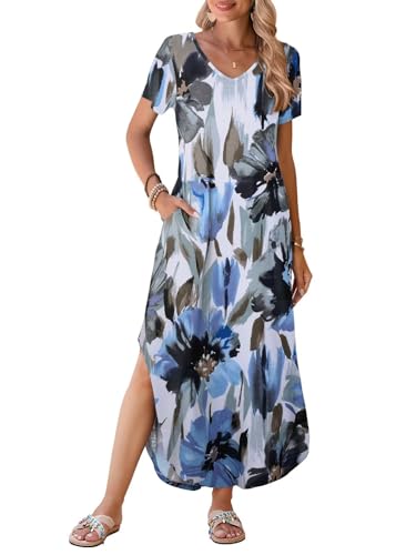 BELAROI Plus Size Maxi Dresses for Curvy Women Summer Casual Pockets V Neck Long Dresses Beach Coverup Floral Vacation Outfits(3X, A-Blue35)