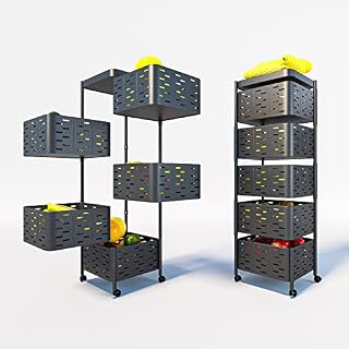 Rotating Multi-layer Kitchen Storage Shelf ,square 360°rotating Fruit Vegetable Rack with Wheels for Kitchen Living Room Bathroom Storage (Black 5 Tiers)