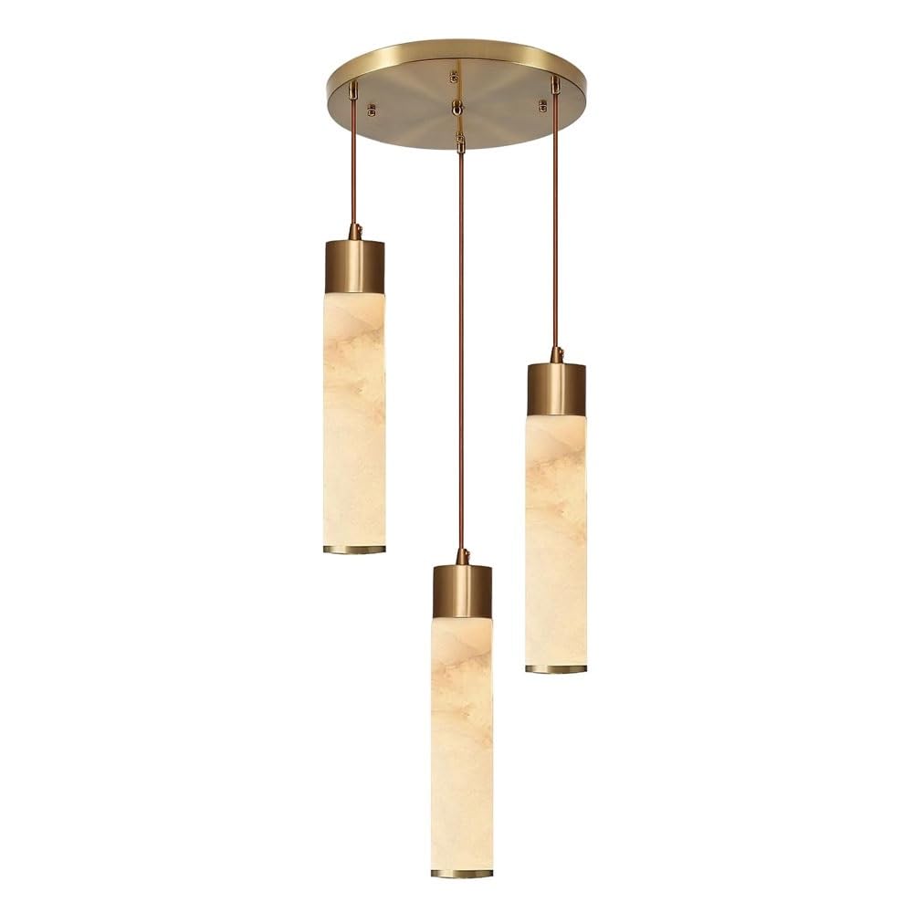 LUOYAOB 3 Light Light Natural Marble Alabaster Chandelier Mid Century Modern Cylinder Hanging Ceiling Fixture Large Decorative Lamp for Dining Room Living Room Foyer Home(Circular)
