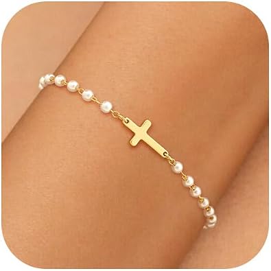 NECOCY Mothers Day Gifts Cross Bracelet for Women, Dainty 14K Gold/Silver Plated Pearl Cross Chain Bracelet Religious Christian Baptism Jesus Catholic Bracelet Jewelry Gift for Mom Wife Daughter