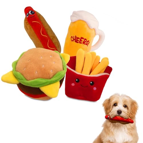 4 Pack Squeaky Plush Dog Chew Toy Assortment Food Bundle Puppy Meal Deal Hamburger, French Fries, Hot Dog, Beer, Cute Interactive Crinkle Toys for All Breeds and Sizes 4 Pack Squeaky Plush Dog Chew Toy Assortment Food Bundle Puppy Meal Deal Hamburger, French Fries, Hot Dog, Beer, Cute Interactive Crinkle Toys for All Breeds and Sizes