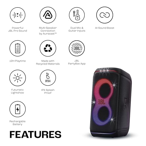 JBL Partybox 120 Wireless Bluetooth 160W Party Speaker, AI Sound Boost, Futuristic Light Show, Upto 12Hrs Playtime,Multispeaker Connection by Auracast, Guitar & Mic Input, Splashproof (Black) view 2