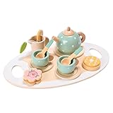 15pcs Wooden Tea Set for Little Girls, MONT PLEASANT Wooden Toys, Toddler Tea Set Play Kitchen Accessories Play Food playset for Kids Tea Party