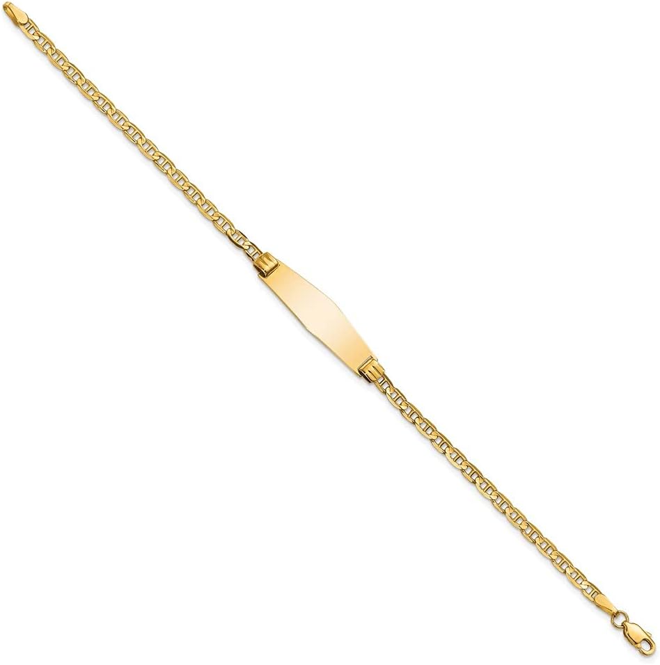 Engravable Personalized Custom 14K Yellow Gold Soft Diamond Shape Anchor Link ID Bracelet For Men or Women Length 7 inches Width 7.5 mm