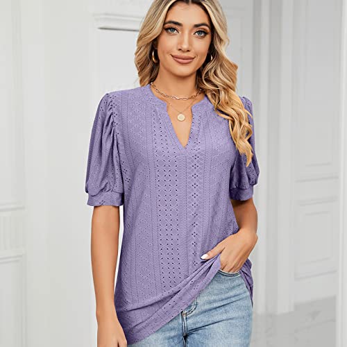 T-shirty Damskie Z Krótkim Rękawem Bluzki Kobieta Lato Eleganckie V Dekolt Kobiety Topy, B-fioletowy, XL