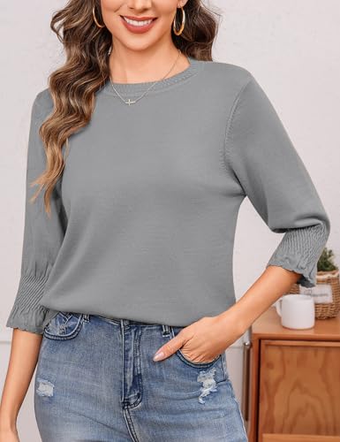 Totatuit Women 2026 Spring Lightweight Sweaters 3/4 Pleated Sleeve Knit Crew Neck Pullovers Sweater Casual Tops Grey X-Large — view 2